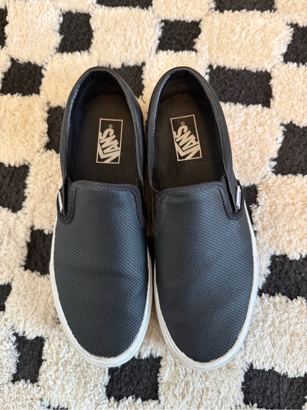 🏁Vans Women’s Classic Slip on in Black Perforated Leather Uppers 9.5 🏁
